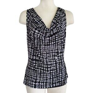 Calvin Klein Mod Print BW Drape Neck Sleeveless Blouse Great for Under Suit